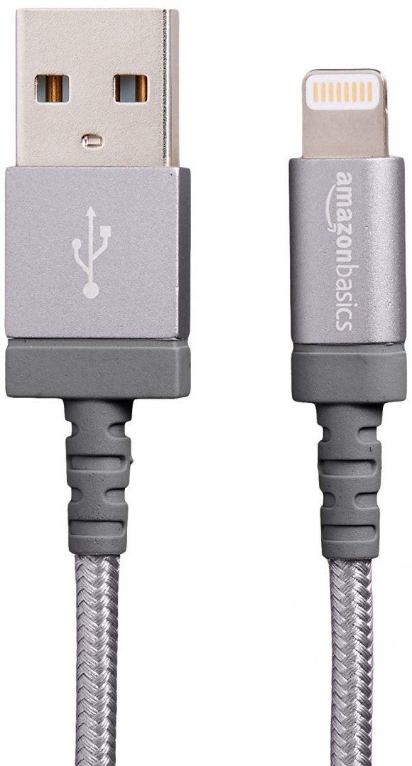 Cable de conexión retráctil AmazonBasics de nylon trenzado. Certificado por Apple, conector luz a USB A, 3 ft, plata, Gris oscuro