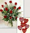Arreglo 12 Rosas en Florero y Globos