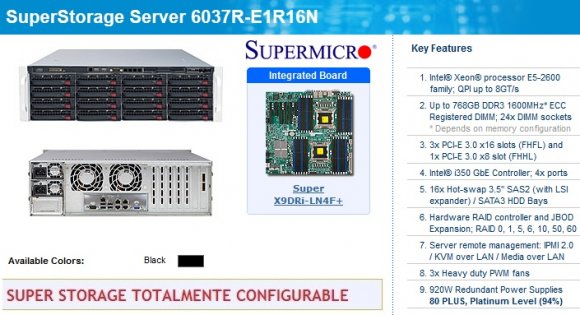 SuperServer SuperStorage SSG-6037R-E1R16N (Black), Intel® Xeon® processor E5-2600 family; QPI up to 8GT/s; Up to 768GB DDR3; 3x PCI-E; Intel® i350 GbE Controller; 4x ports; 16x Hot-swap 3.5” SAS2/sata3; RAID controller and JBOD; remote manag; 920W Red.Pwr