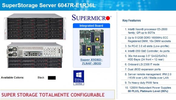 SuperMicro SuperStorage SSG-6047R-E1R36L (Black), Intel® Xeon® processor E5-2600 family; QPI up to 8GT/s; Up to 512GB DDR3; 5x PCI-E; Intel® i350 GbE Controller; 4x ports; 36x Hot-swap 3.5” SAS2/SATA3; LSI 2308; Dual JBOD; remote manag; 1280W Red.Pwr