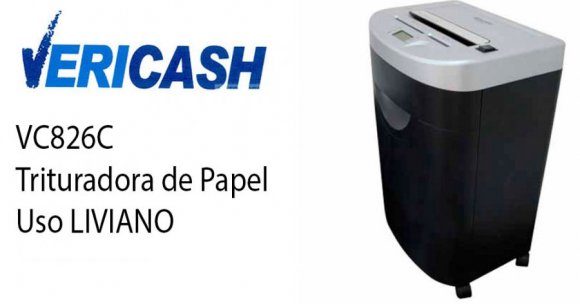 Vericash VC826C TRITURADORA PARA USO LIVIANO, Tritura: Papel, grapas, clips, tarjetas de crédito o CD-DVD. Capacidad máxima de 17 hojas (70g). Corte cruzado de 4,0mm x 40mm. Nivel de seguridad 3. Tec.protección de manos Safe Touch. Arranque automático