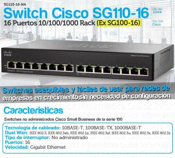 Cisco Small Office SG110-16-NA, Cisco Small Business 110 Series Unmanaged Switch SG 110-16, switch, 16 ports, unmanaged, rack-mou, 16 x 10/100/1000, NO ADMINISTRABLE, Garantía 12 MESES