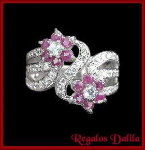 Anillo Plata Rodinada Rubíes Naturales Flores