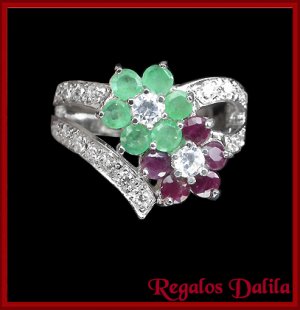 Anillo Plata Rodinada Esm. Rubíes Flores