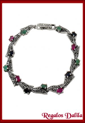 Pulsera Plata Rodinada Esm. Zaf. Rubíes